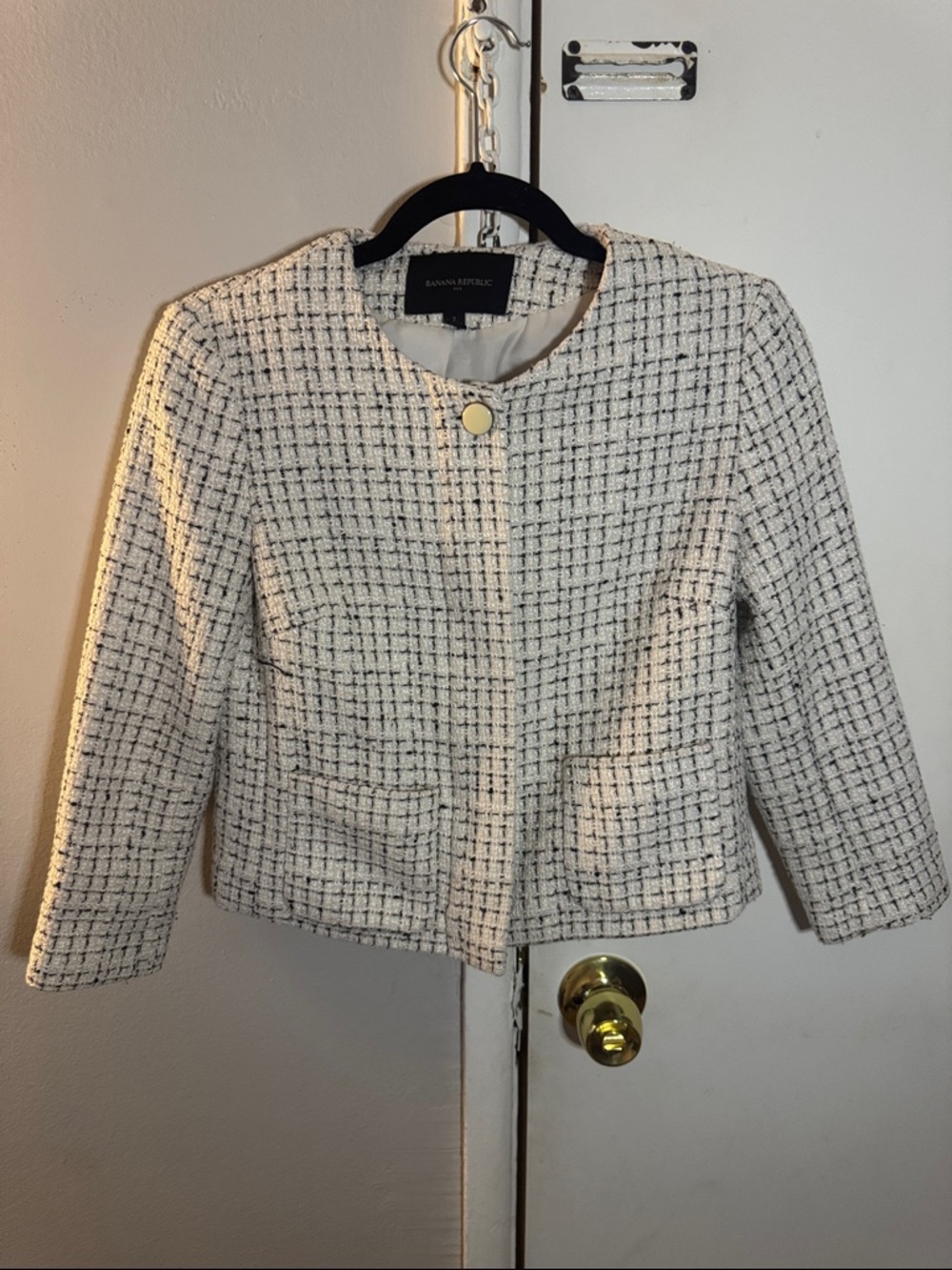 Banana Republic Cream Tweed Collarless Blazer with Black Grid